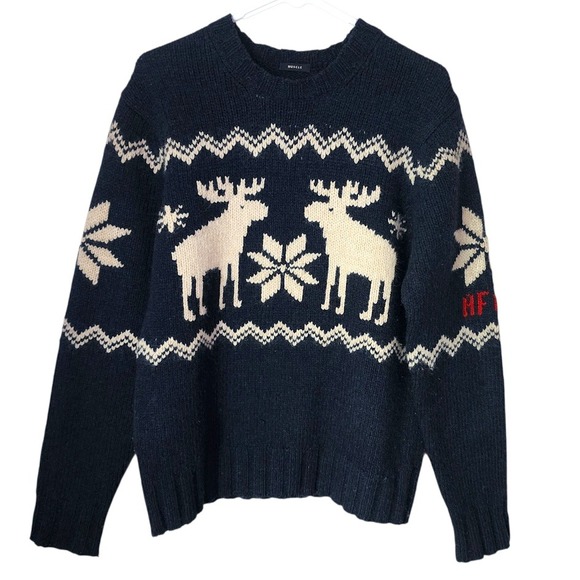 ABERCROMBIE & FITCH Y2K Wool Nordic Moose Sweater Navy‎ Blue Cabincore Holiday S